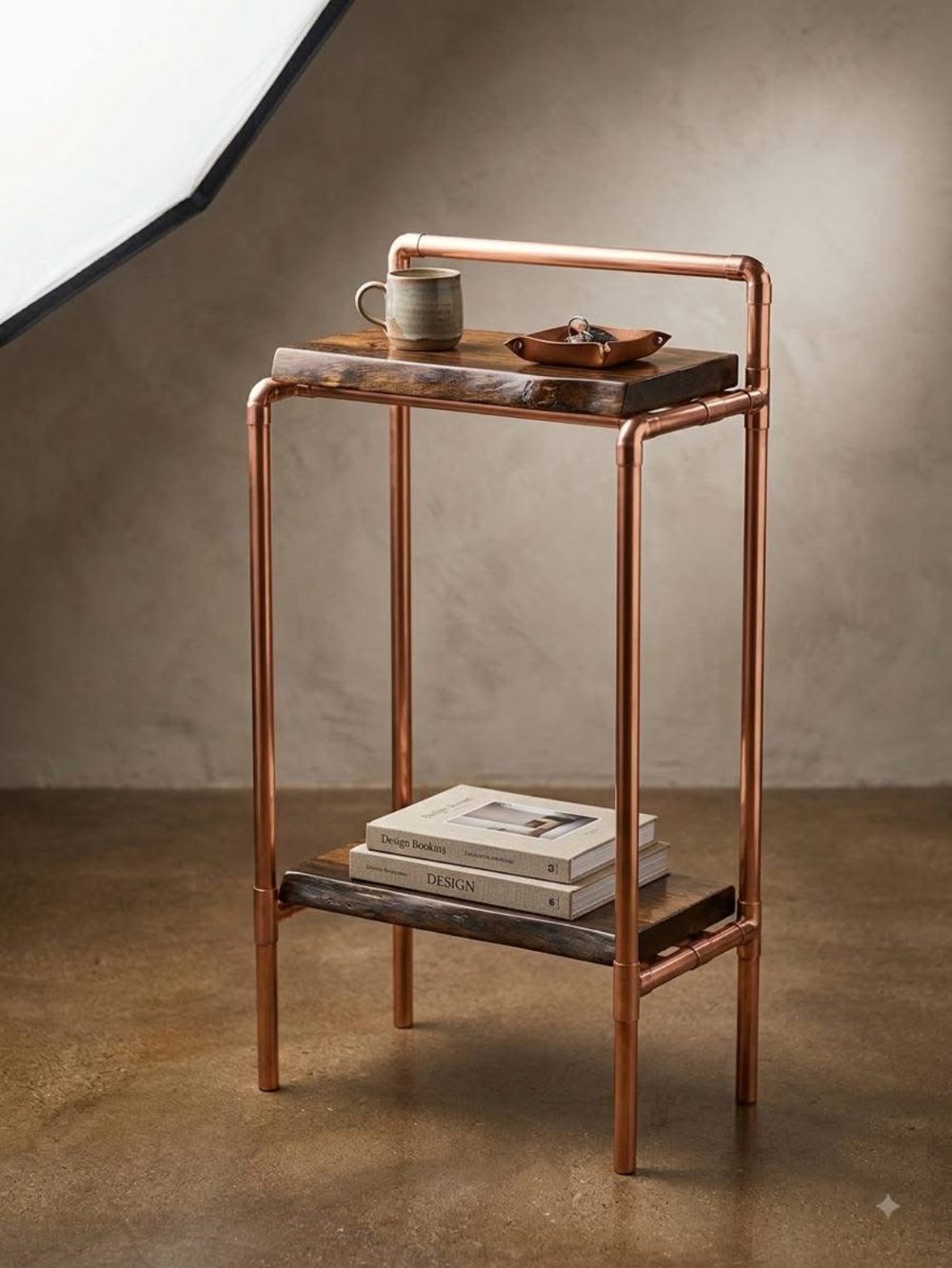 Tall two-tier side table with a polished copper pipe frame, a towel-bar top rail and dark wood shelves
